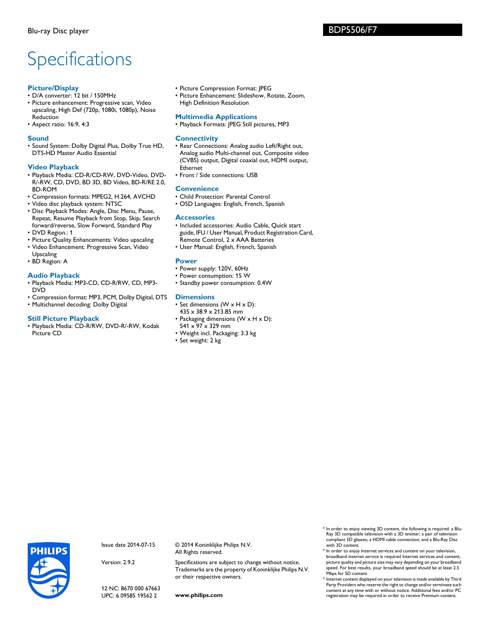 Specifications | Philips BDP5506-F7 User Manual | Page 3 / 3