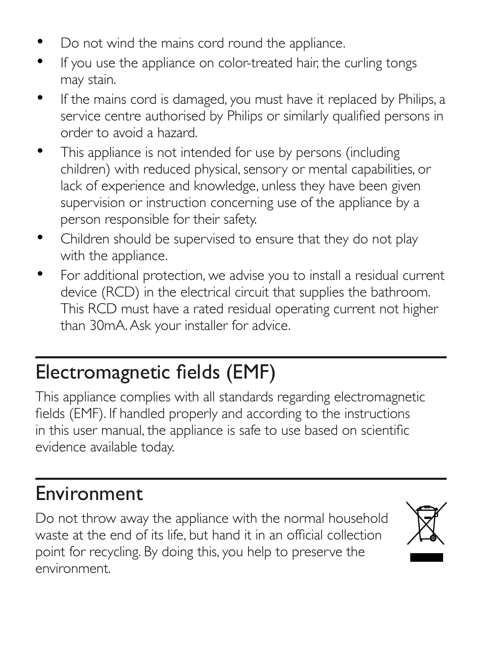 Electromagnetic fields (emf), Environment | Philips Curler HP4684-00 32 mm barrel 210C professional temperature Ceramic coating Auto shut-off User Manual | Page 4 / 7