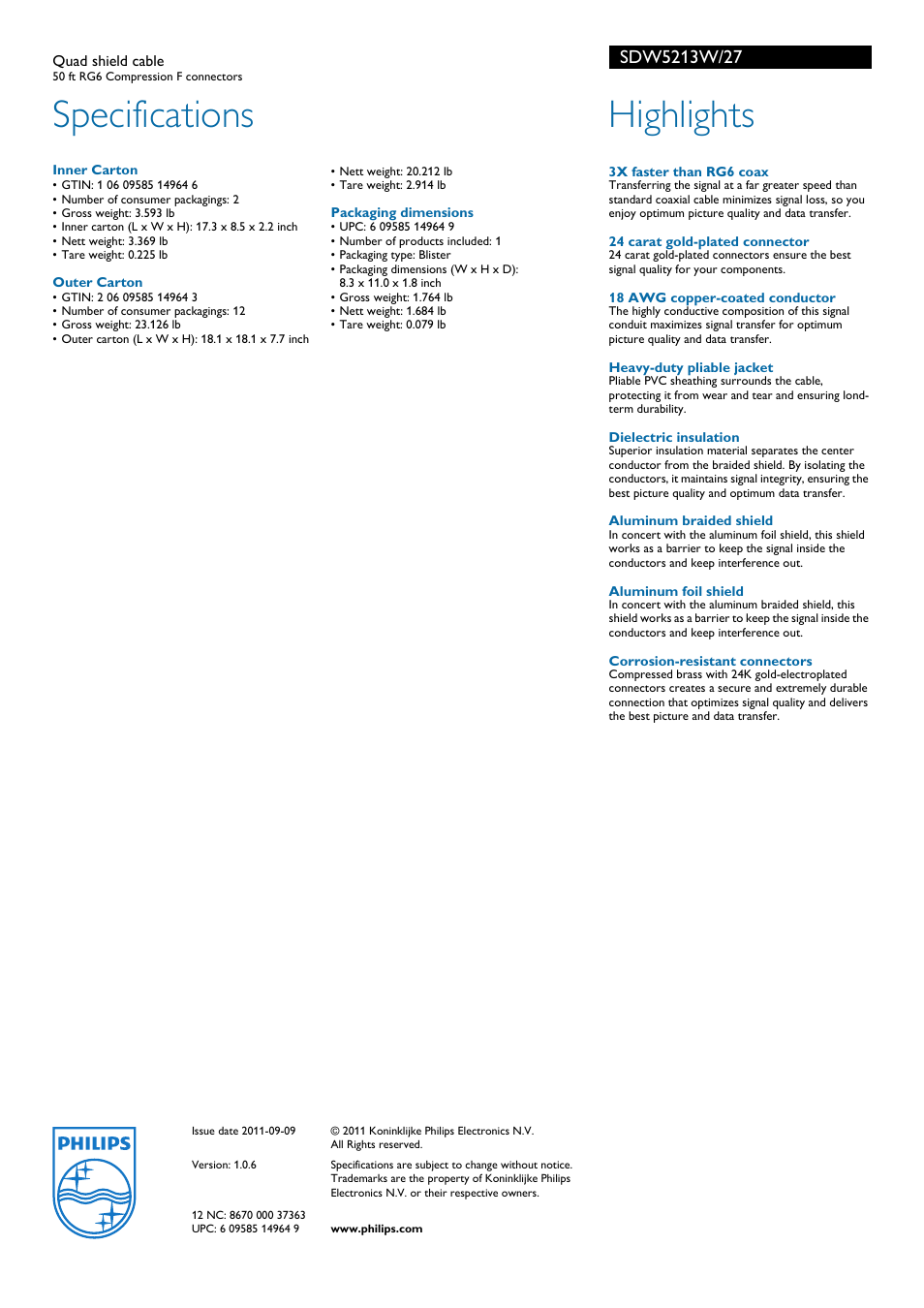 Specifications, Highlights | Philips SDW5213W-27 User Manual | Page 2 / 2