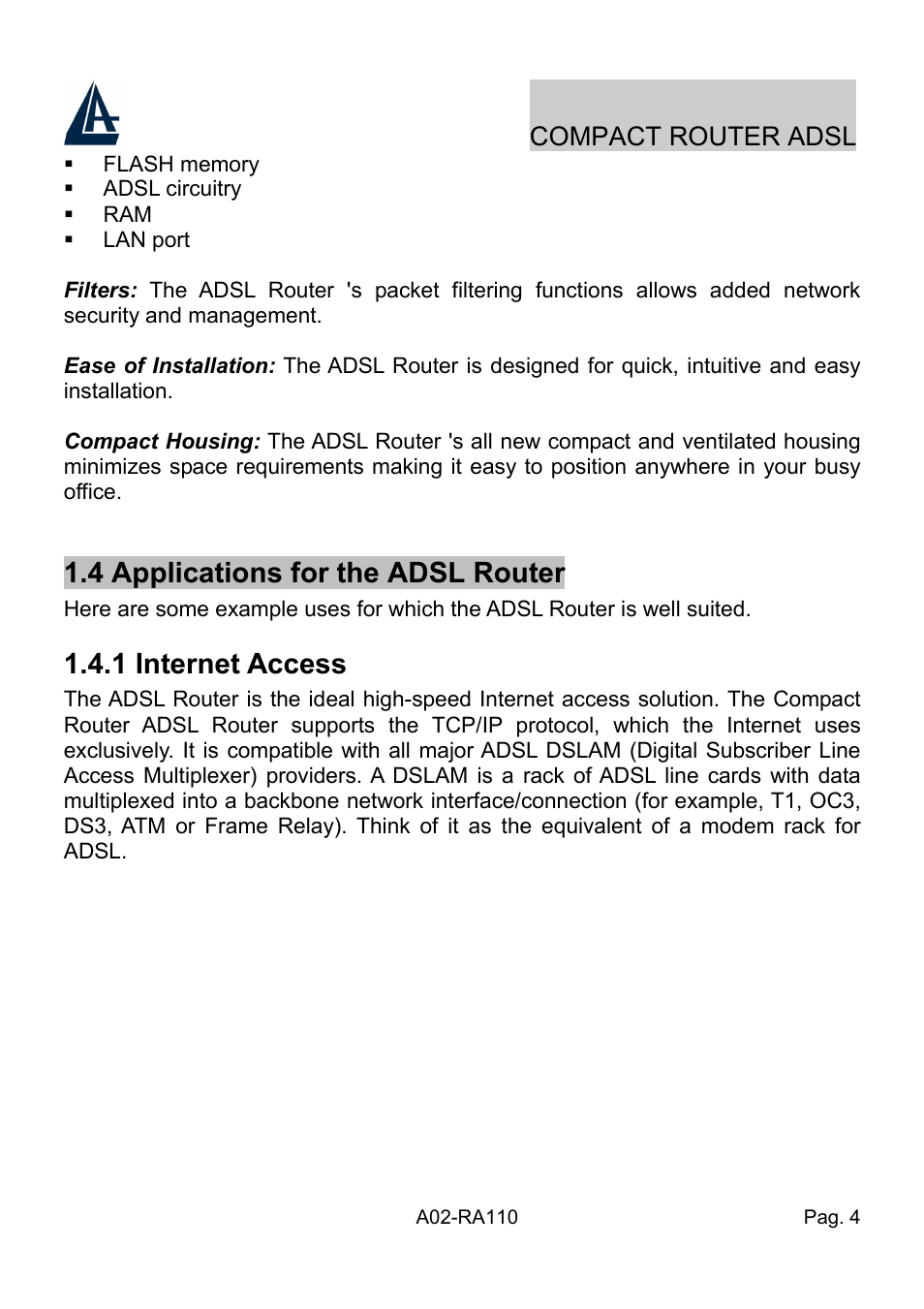 4 applications for the adsl router, 1 internet access, Compact router adsl | Atlantis Land Compact Router ADSL A02-RA110 User Manual | Page 12 / 91