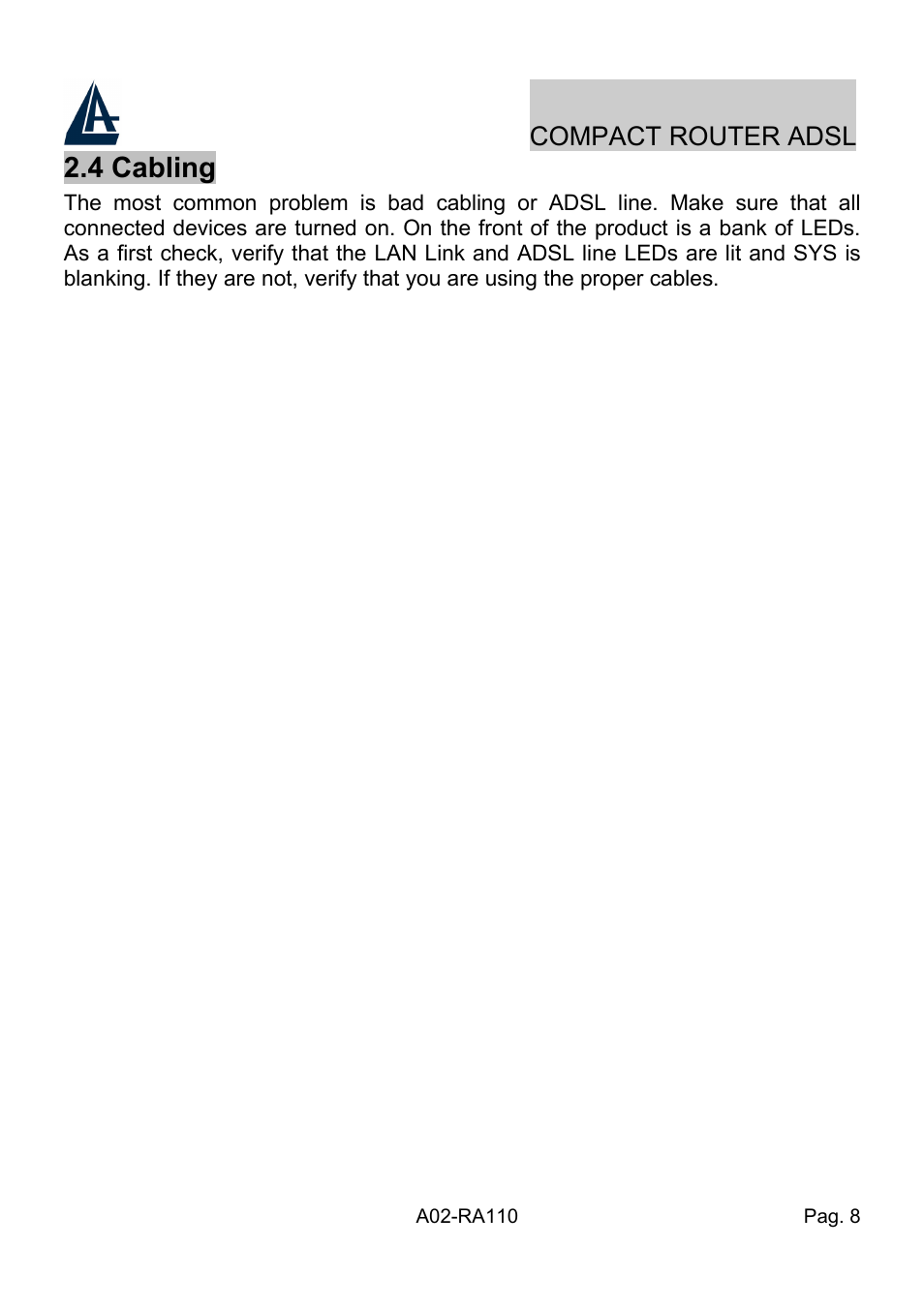 4 cabling | Atlantis Land Compact Router ADSL A02-RA110 User Manual | Page 16 / 91