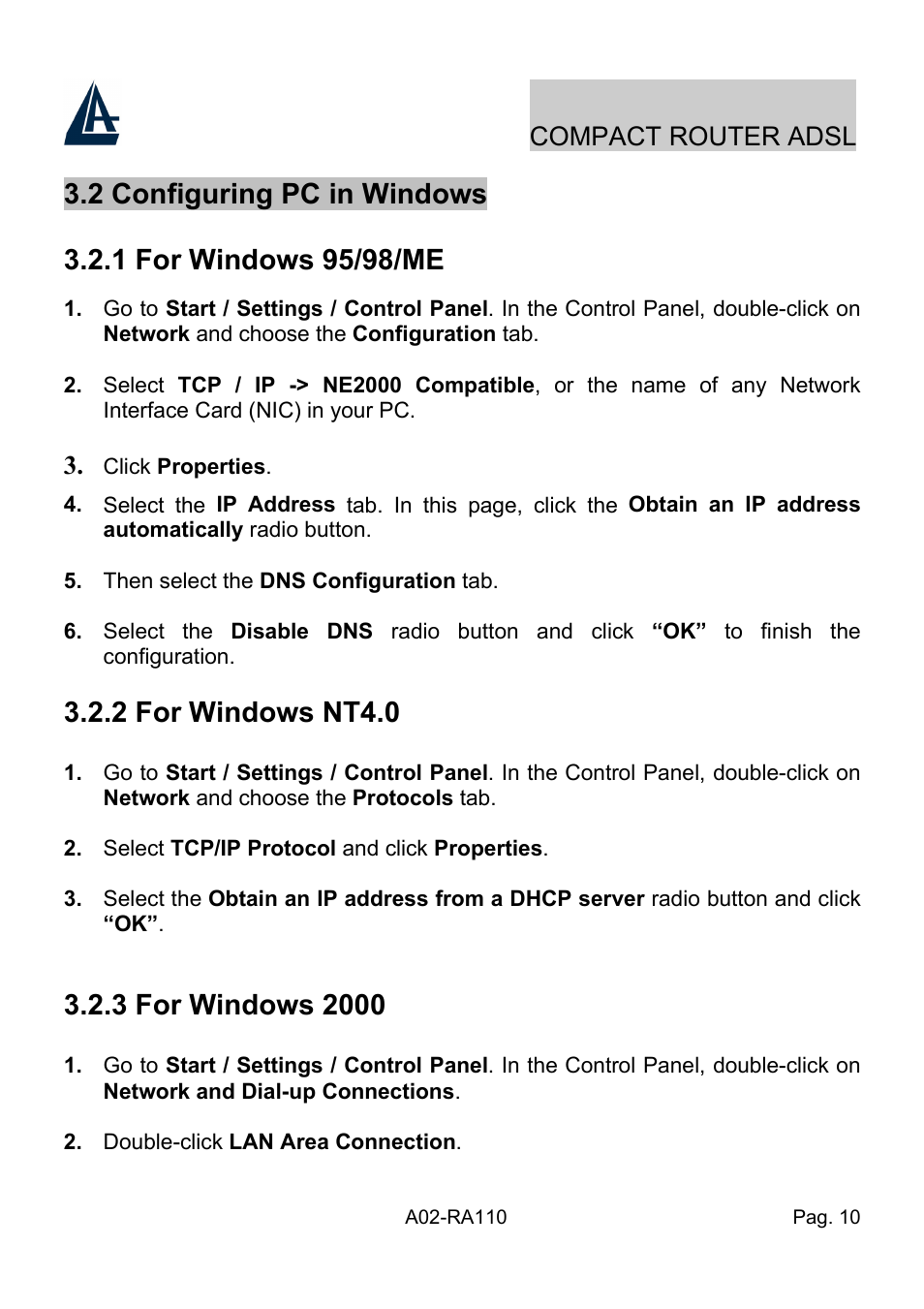 2 for windows nt4.0, Compact router adsl | Atlantis Land Compact Router ADSL A02-RA110 User Manual | Page 18 / 91