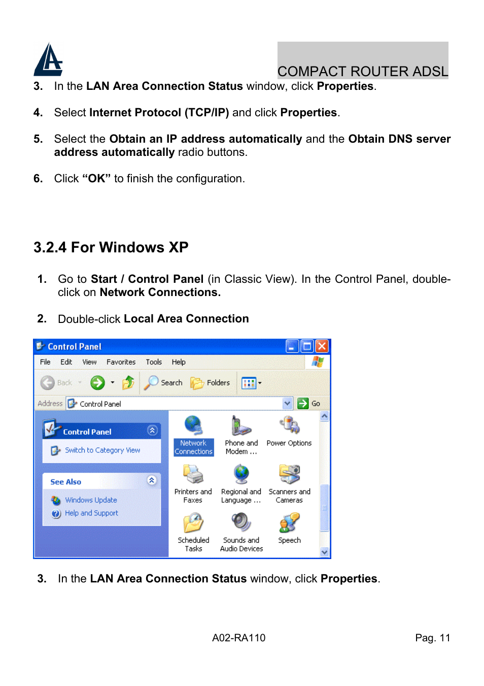 4 for windows xp, Compact router adsl | Atlantis Land Compact Router ADSL A02-RA110 User Manual | Page 19 / 91