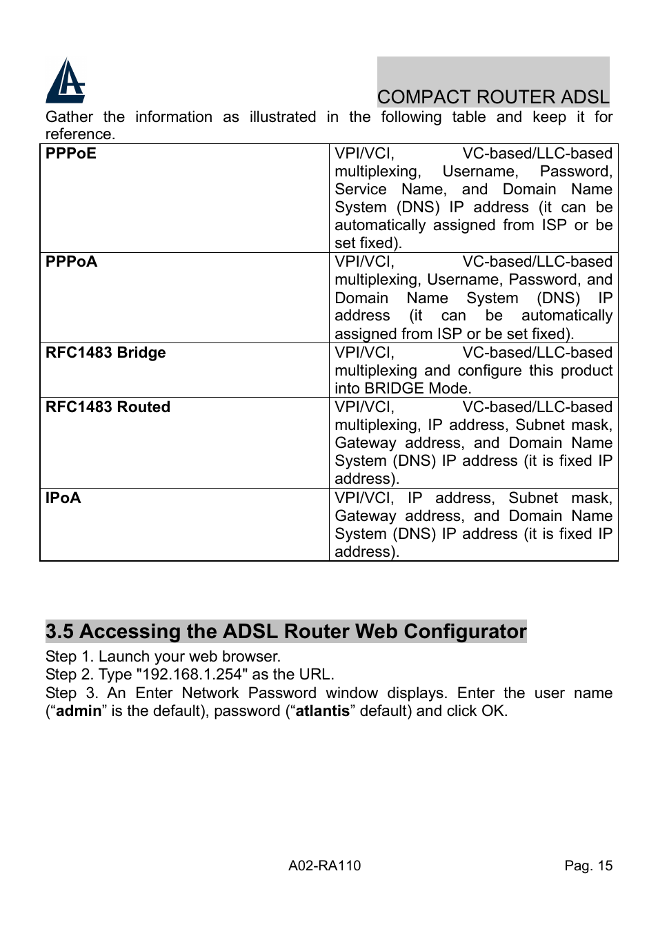 5 accessing the adsl router web configurator, Compact router adsl | Atlantis Land Compact Router ADSL A02-RA110 User Manual | Page 23 / 91