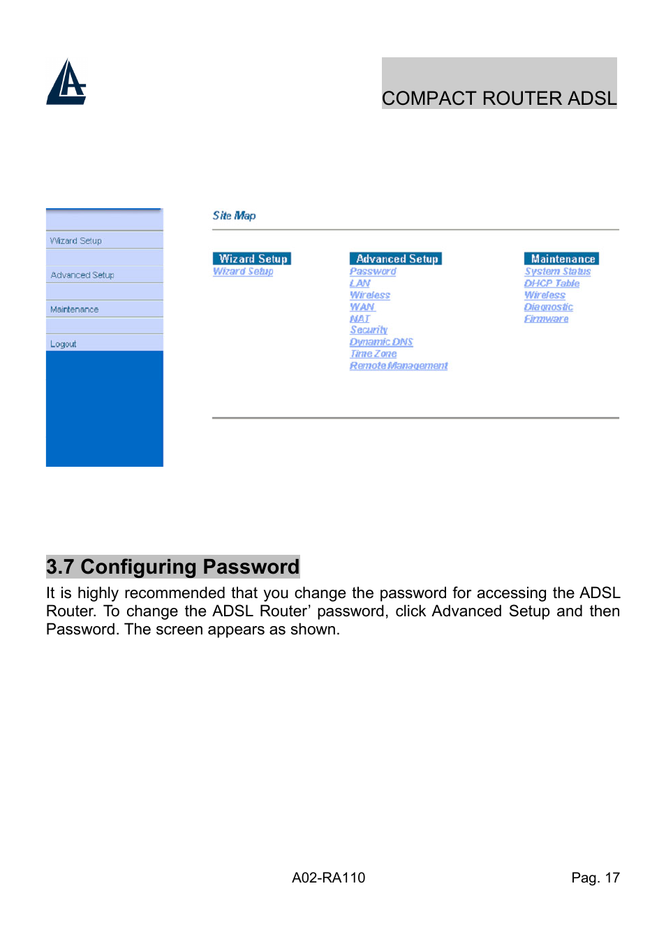7 configuring password | Atlantis Land Compact Router ADSL A02-RA110 User Manual | Page 25 / 91