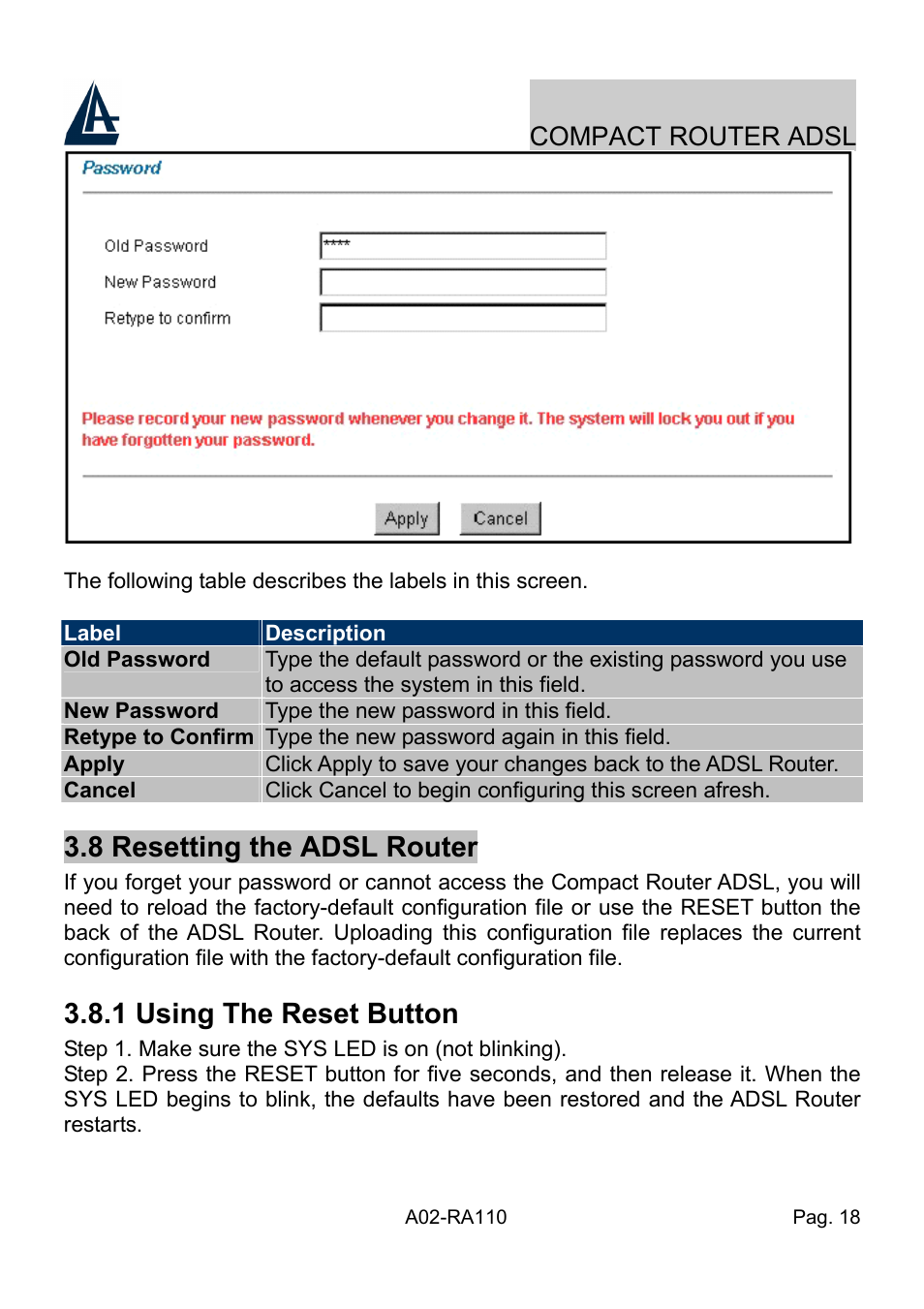 8 resetting the adsl router, 1 using the reset button, Compact router adsl | Atlantis Land Compact Router ADSL A02-RA110 User Manual | Page 26 / 91