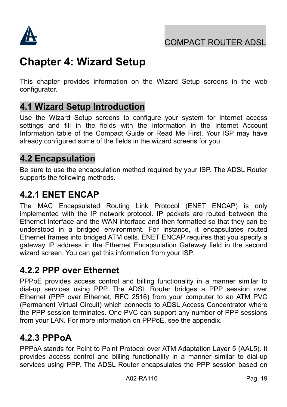 Chapter 4: wizard setup | Atlantis Land Compact Router ADSL A02-RA110 User Manual | Page 27 / 91