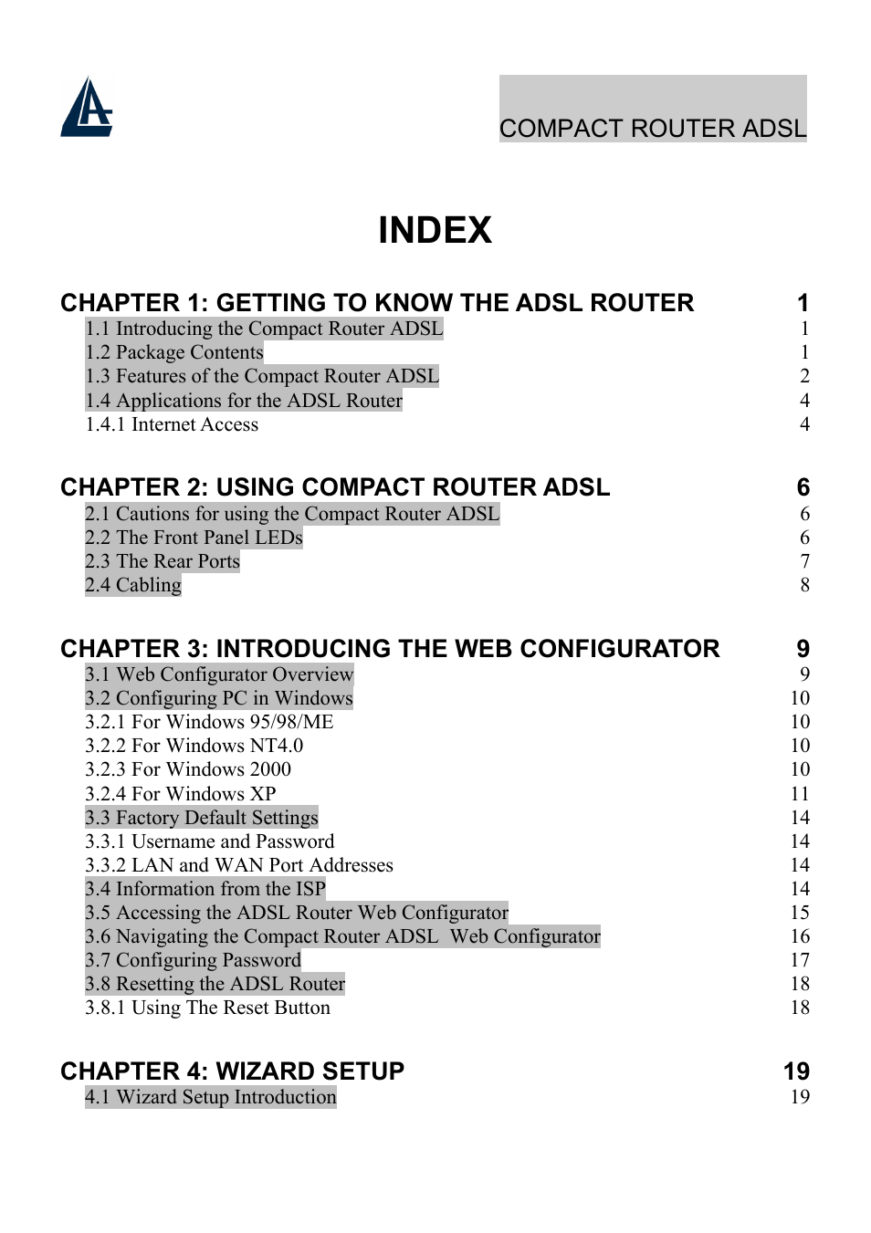 Index | Atlantis Land Compact Router ADSL A02-RA110 User Manual | Page 3 / 91