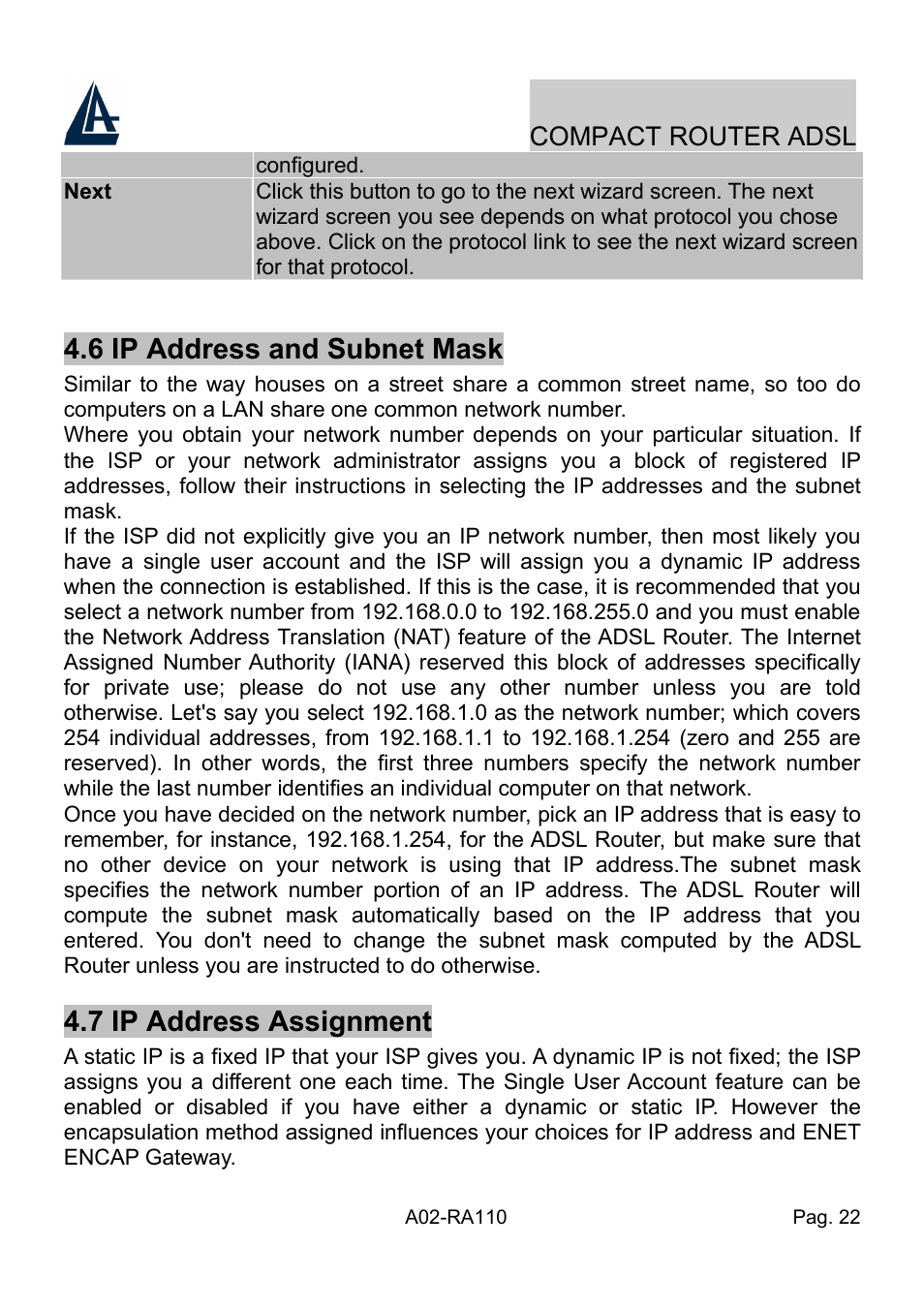 6 ip address and subnet mask, 7 ip address assignment | Atlantis Land Compact Router ADSL A02-RA110 User Manual | Page 30 / 91