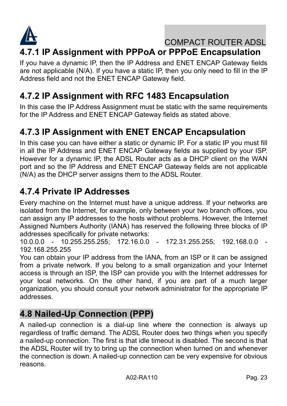 1 ip assignment with pppoa or pppoe encapsulation, 3 ip assignment with enet encap encapsulation, 4 private ip addresses | 8 nailed-up connection (ppp) | Atlantis Land Compact Router ADSL A02-RA110 User Manual | Page 31 / 91