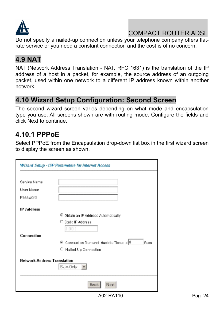 9 nat, 10 wizard setup configuration: second screen, 1 pppoe | Atlantis Land Compact Router ADSL A02-RA110 User Manual | Page 32 / 91