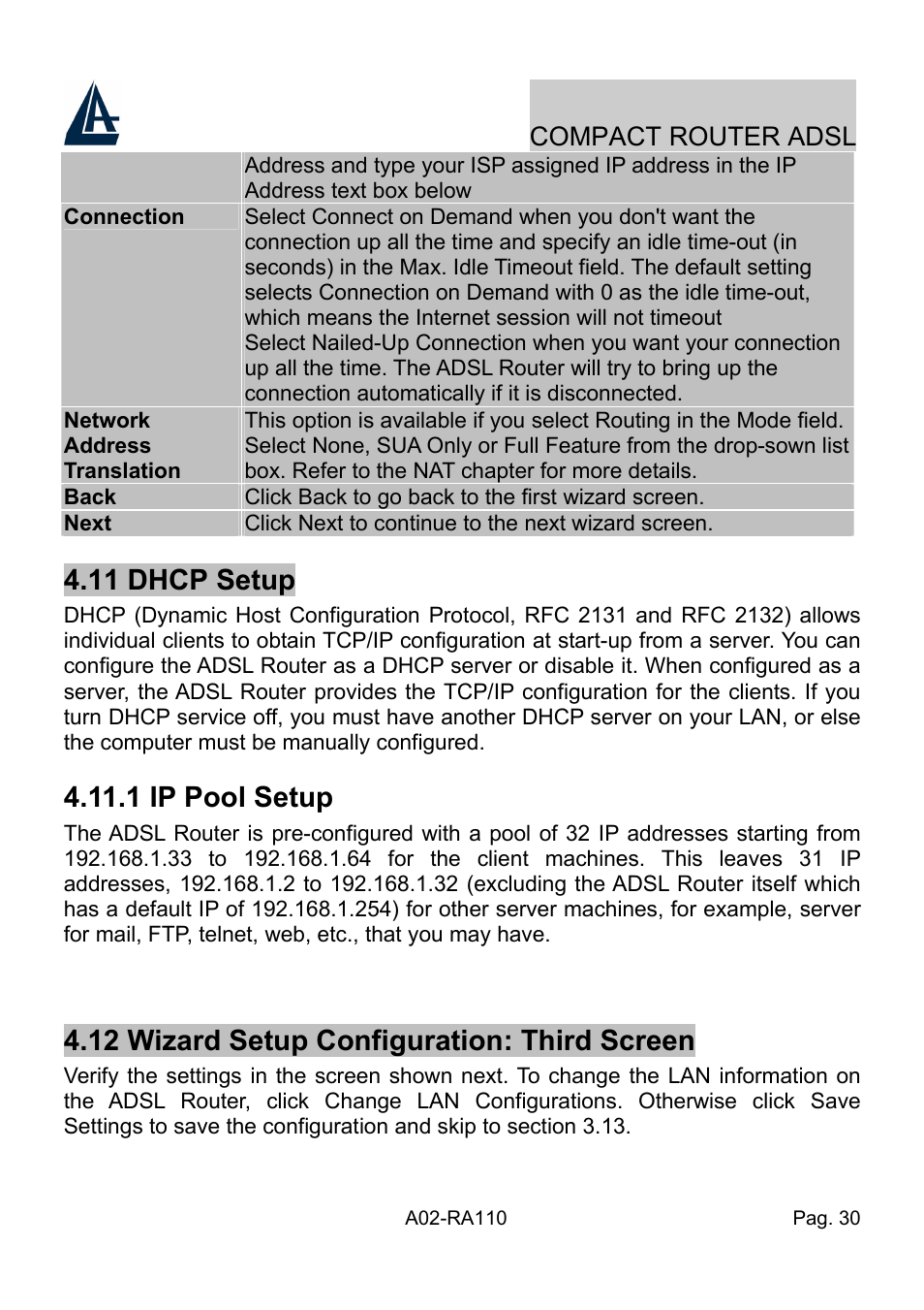 11 dhcp setup, 1 ip pool setup, 12 wizard setup configuration: third screen | Atlantis Land Compact Router ADSL A02-RA110 User Manual | Page 38 / 91
