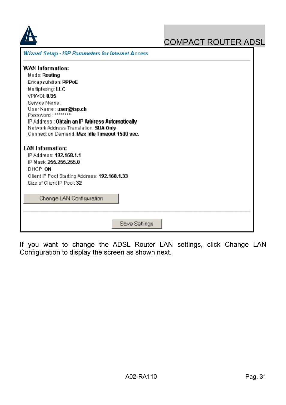 Atlantis Land Compact Router ADSL A02-RA110 User Manual | Page 39 / 91