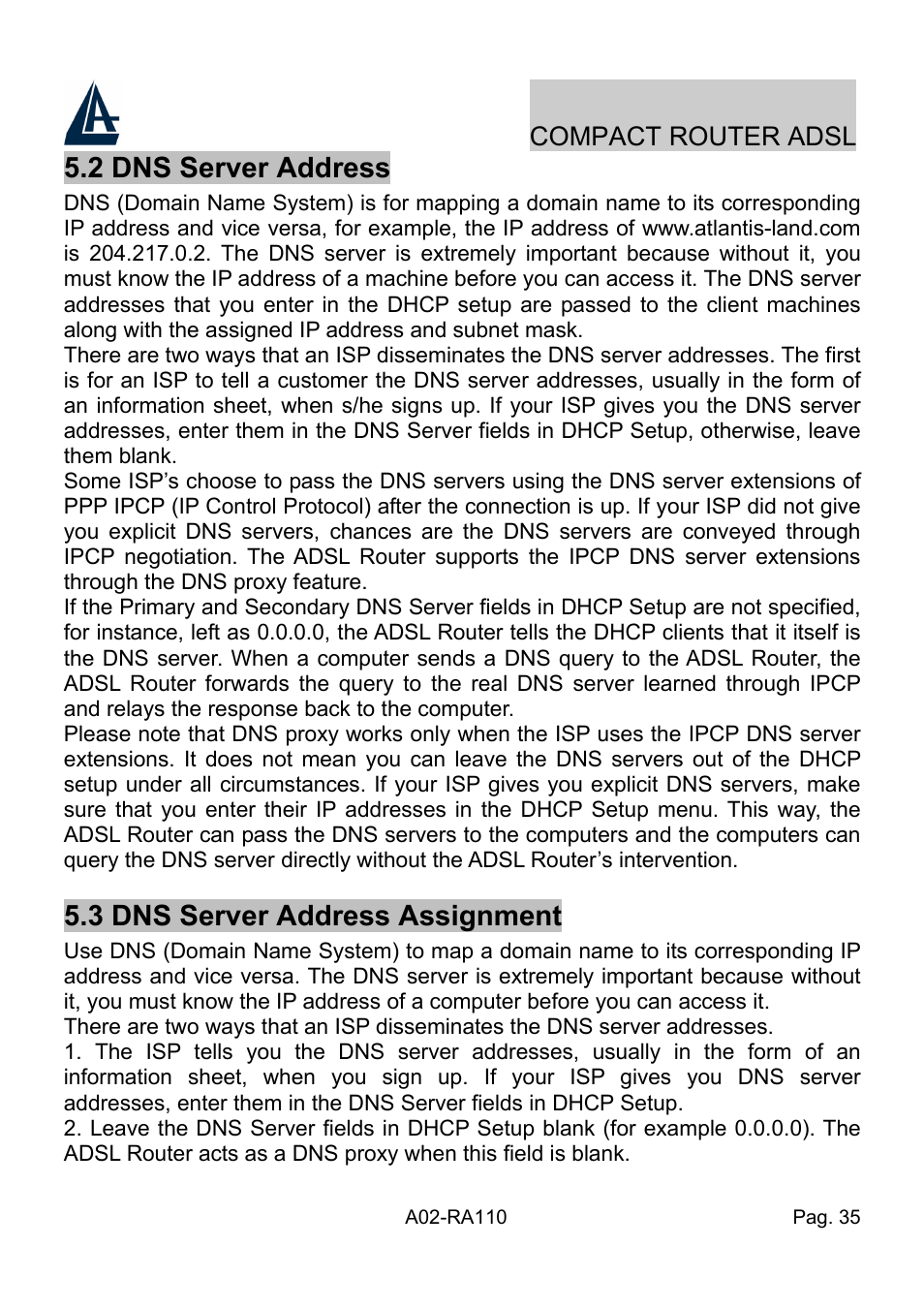 2 dns server address, 3 dns server address assignment | Atlantis Land Compact Router ADSL A02-RA110 User Manual | Page 43 / 91