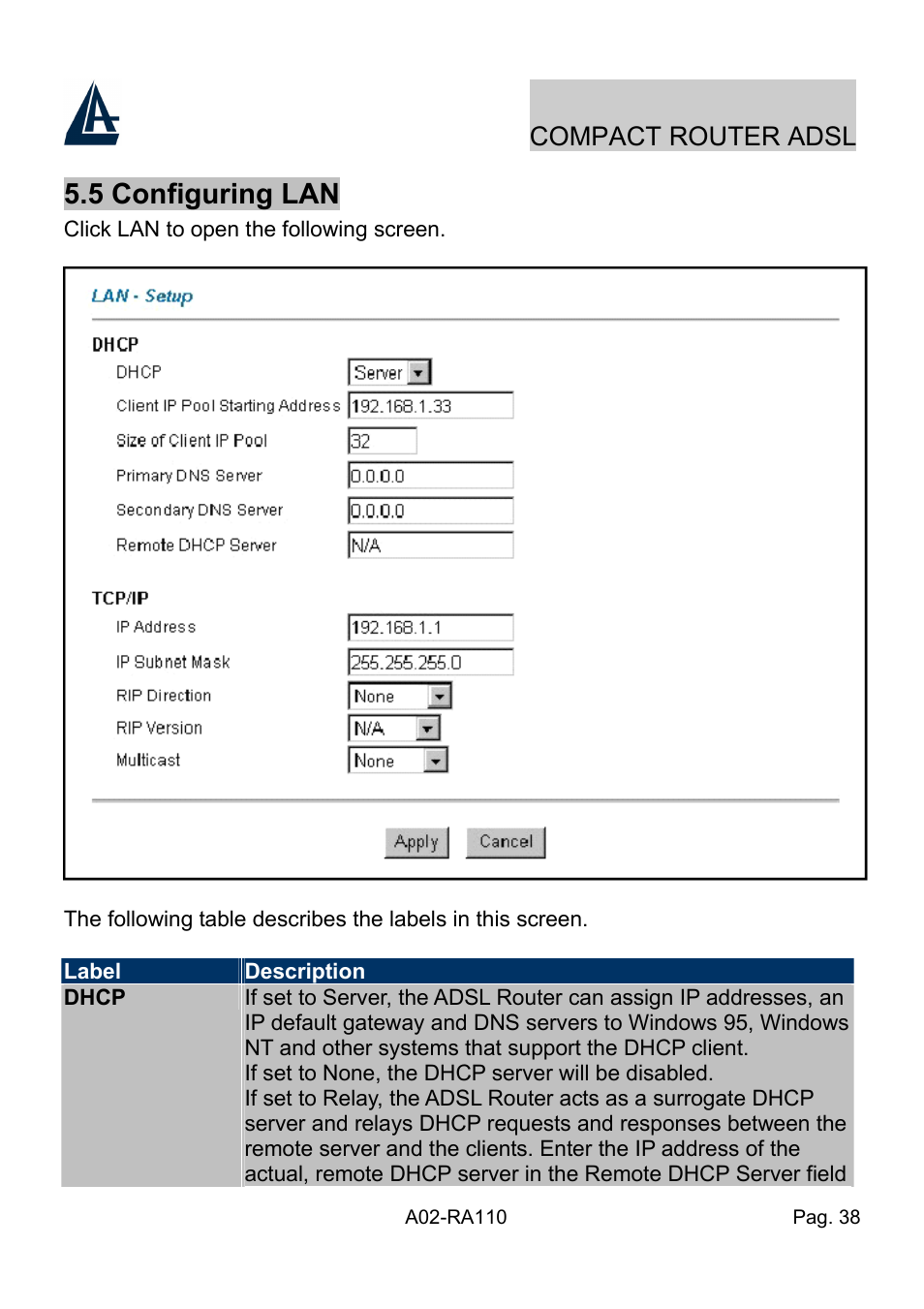 5 configuring lan, Compact router adsl | Atlantis Land Compact Router ADSL A02-RA110 User Manual | Page 46 / 91