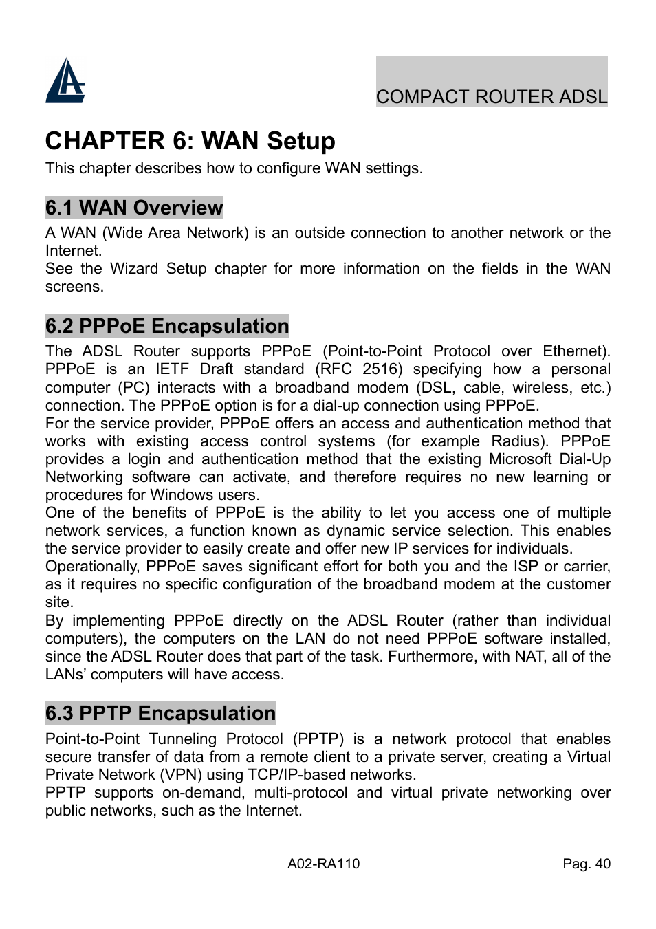 Chapter 6: wan setup | Atlantis Land Compact Router ADSL A02-RA110 User Manual | Page 48 / 91