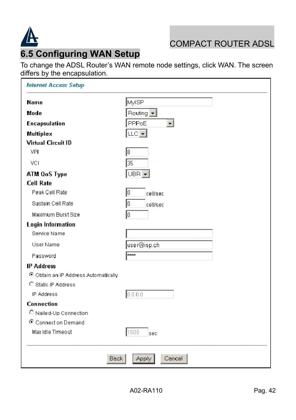 5 configuring wan setup | Atlantis Land Compact Router ADSL A02-RA110 User Manual | Page 50 / 91