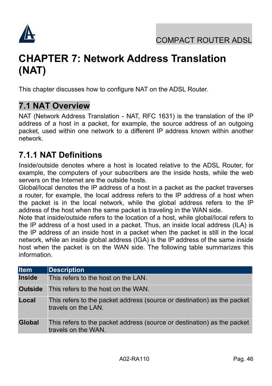 Chapter 7: network address translation (nat), 1 nat overview, 1 nat definitions | Atlantis Land Compact Router ADSL A02-RA110 User Manual | Page 54 / 91