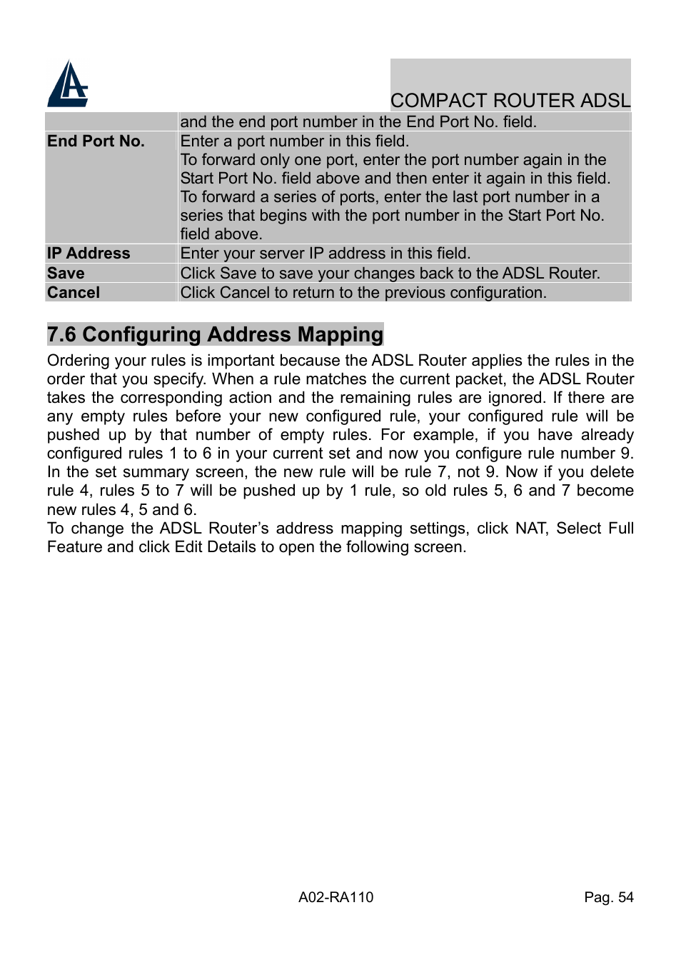 6 configuring address mapping, Compact router adsl | Atlantis Land Compact Router ADSL A02-RA110 User Manual | Page 62 / 91