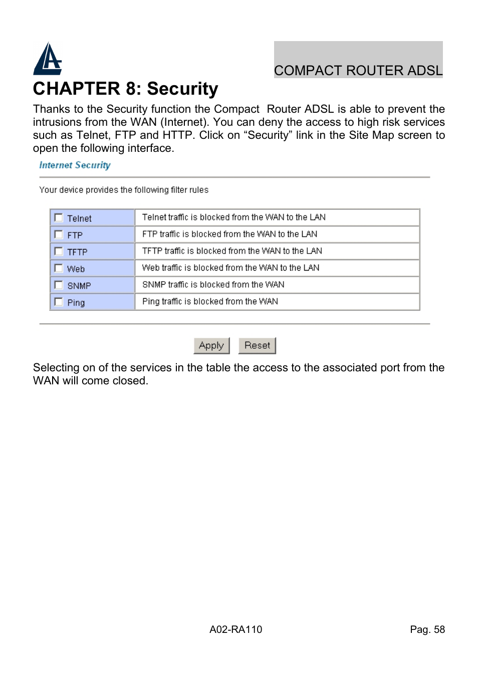 Chapter 8: security | Atlantis Land Compact Router ADSL A02-RA110 User Manual | Page 66 / 91