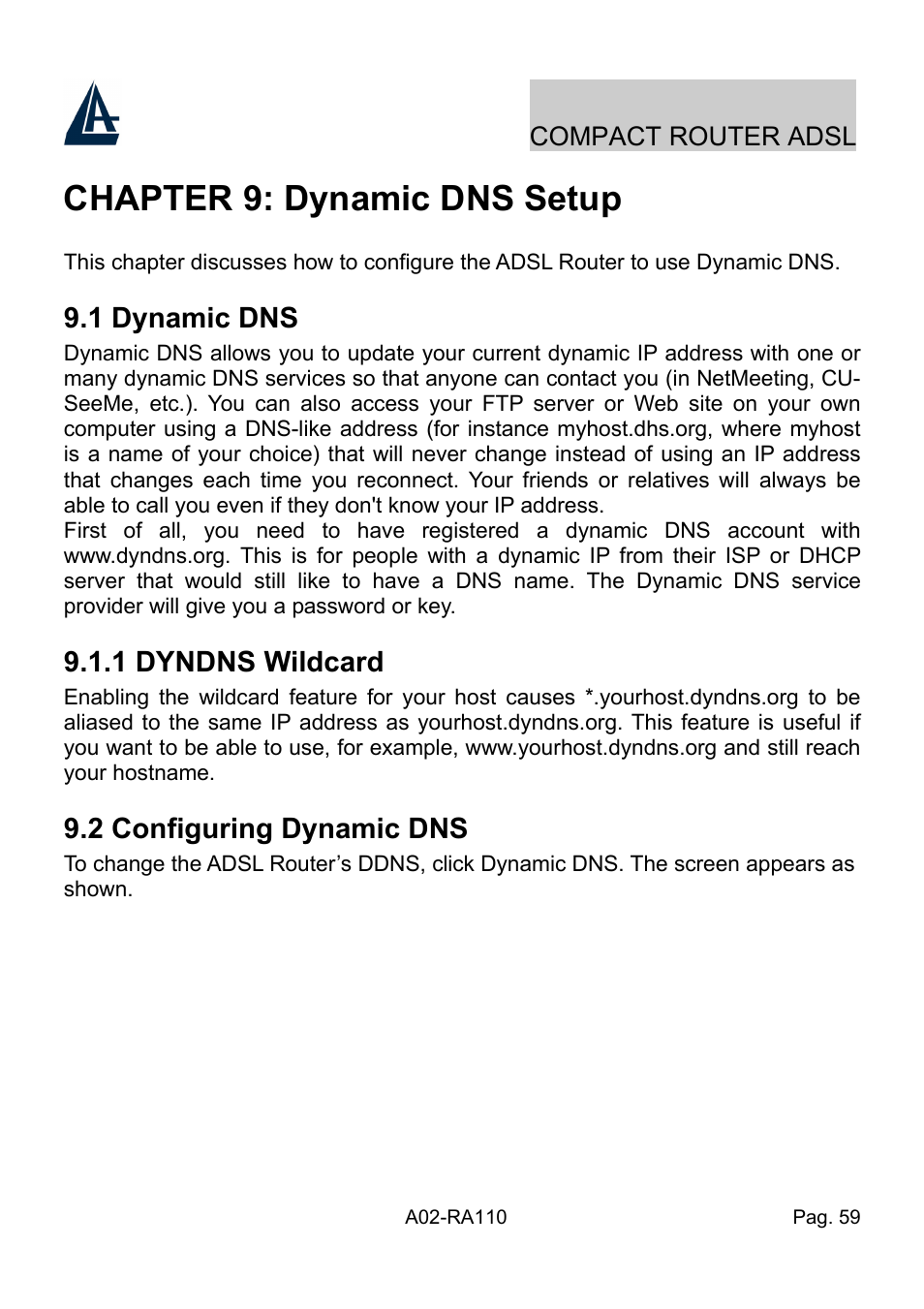 Chapter 9: dynamic dns setup | Atlantis Land Compact Router ADSL A02-RA110 User Manual | Page 67 / 91