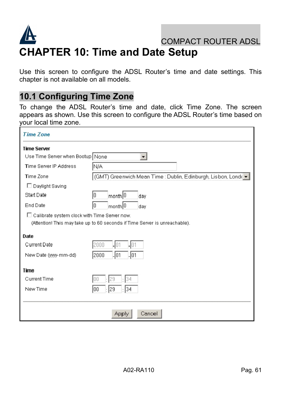 Chapter 10: time and date setup, 1 configuring time zone | Atlantis Land Compact Router ADSL A02-RA110 User Manual | Page 69 / 91