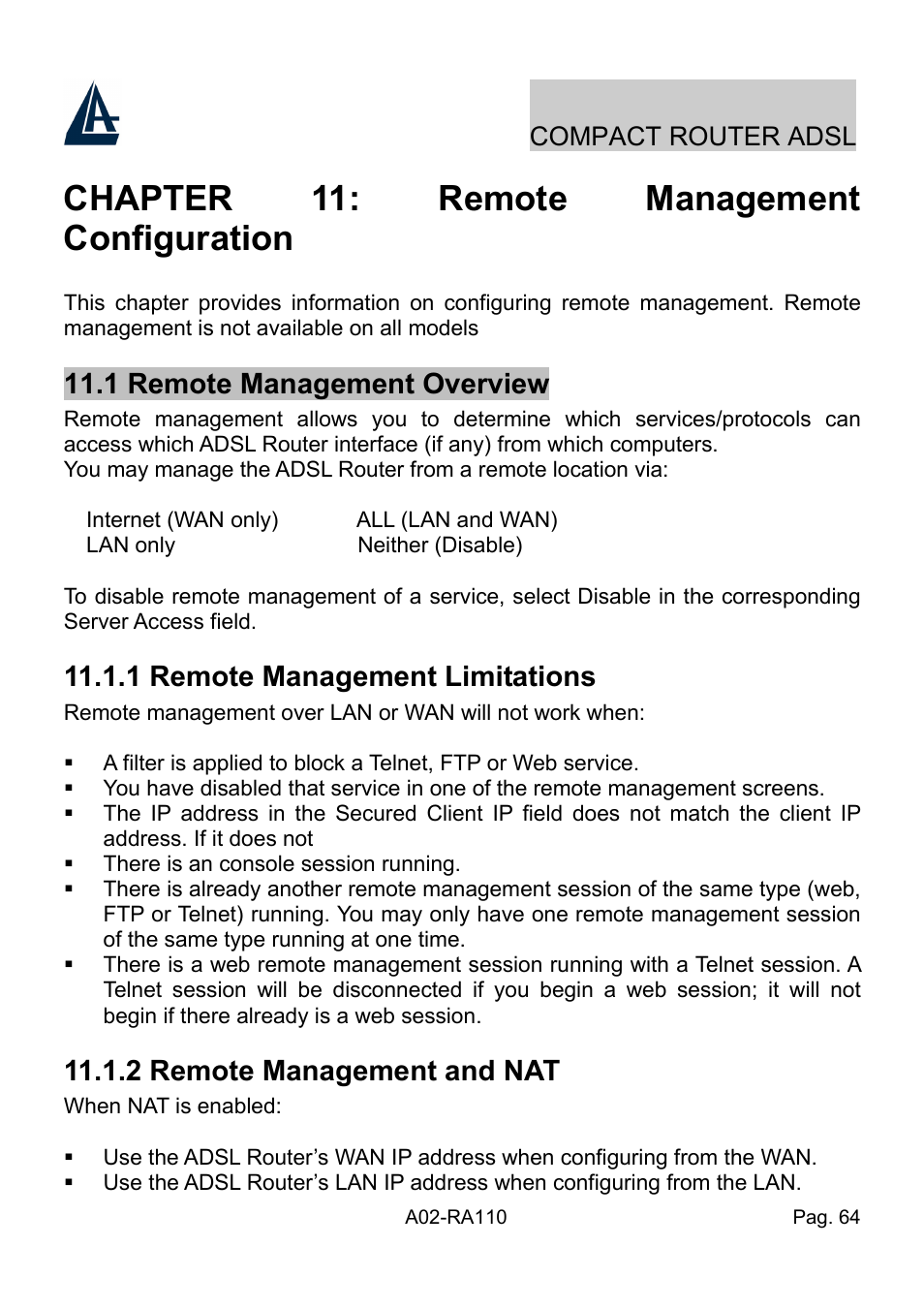 Chapter 11: remote management configuration, 1 remote management overview, 1 remote management limitations | 2 remote management and nat, Compact router adsl | Atlantis Land Compact Router ADSL A02-RA110 User Manual | Page 72 / 91