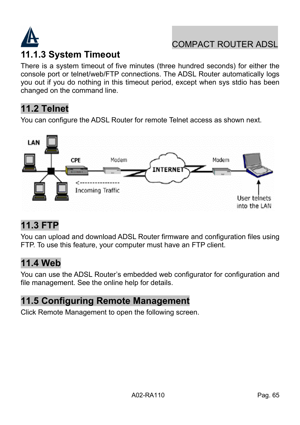 3 system timeout, 2 telnet, 3 ftp | 4 web, 5 configuring remote management | Atlantis Land Compact Router ADSL A02-RA110 User Manual | Page 73 / 91
