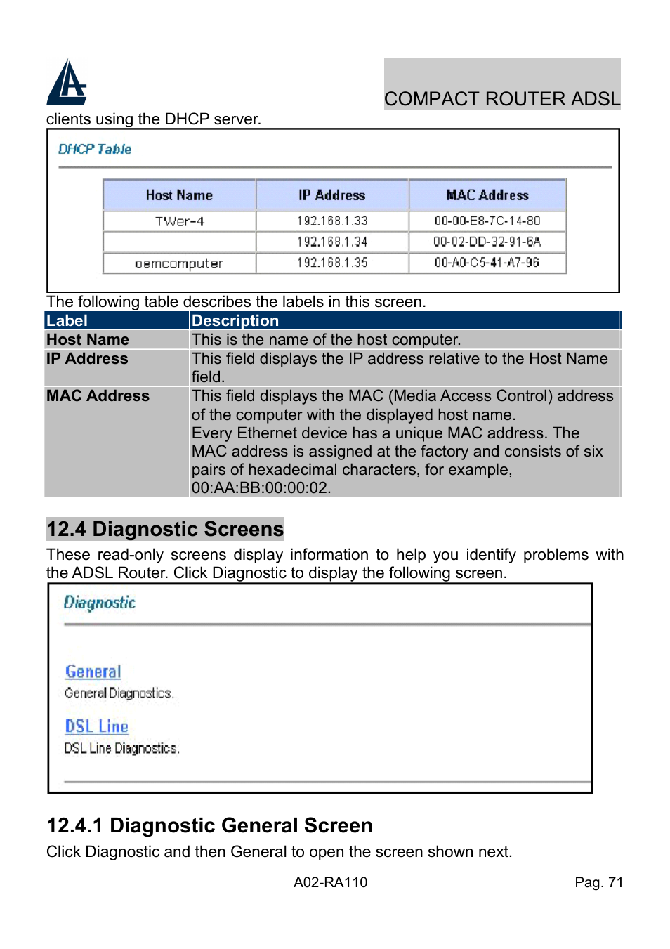 4 diagnostic screens, 1 diagnostic general screen, Compact router adsl | Atlantis Land Compact Router ADSL A02-RA110 User Manual | Page 79 / 91