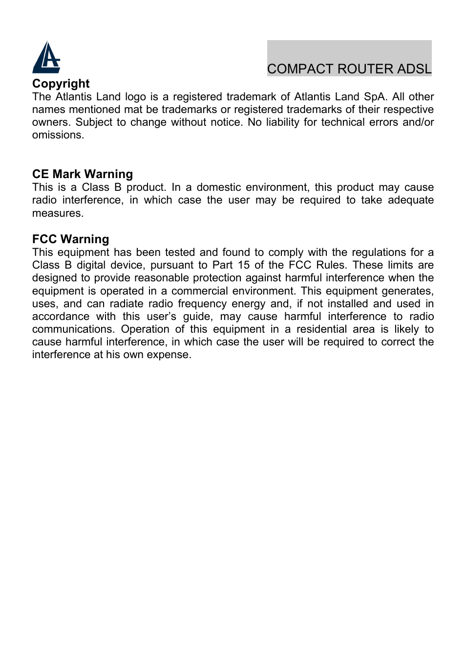 Compact router adsl | Atlantis Land Compact Router ADSL A02-RA110 User Manual | Page 8 / 91