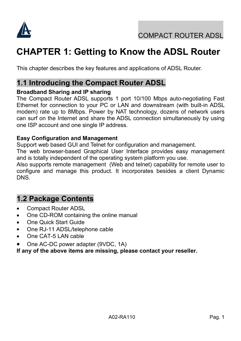 Chapter 1: getting to know the adsl router, 1 introducing the compact router adsl, 2 package contents | Atlantis Land Compact Router ADSL A02-RA110 User Manual | Page 9 / 91