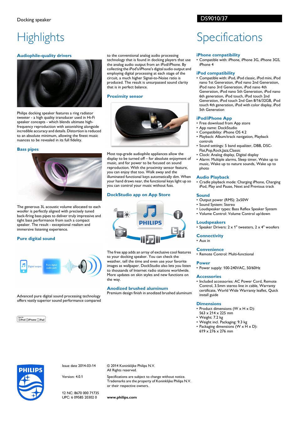 Highlights, Specifications | Philips DS9010-37 User Manual | Page 2 / 2