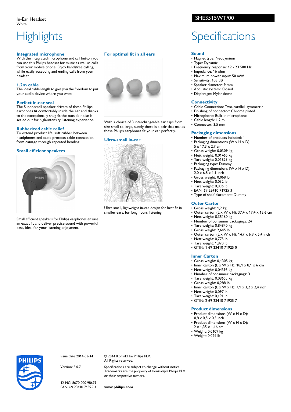 Highlights, Specifications | Philips SHE3515WT-00 User Manual | Page 2 / 2