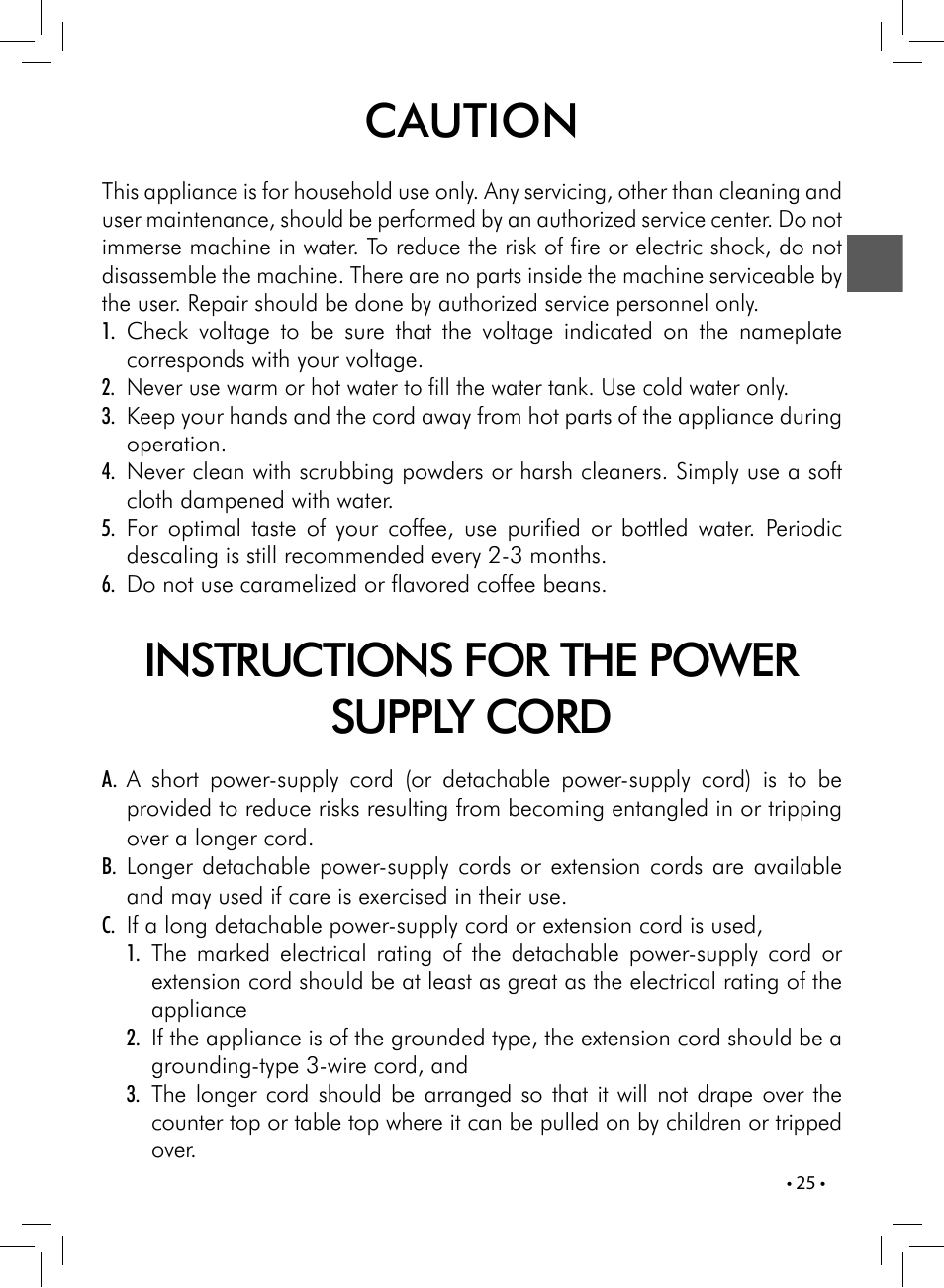 Caution, Instructions for the power supply cord | Philips 10003066 User Manual | Page 25 / 96