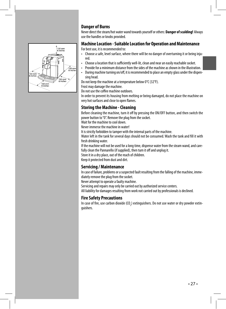 Danger of burns, Storing the machine - cleaning, Servicing / maintenance | Fire safety precautions | Philips 10003066 User Manual | Page 27 / 96