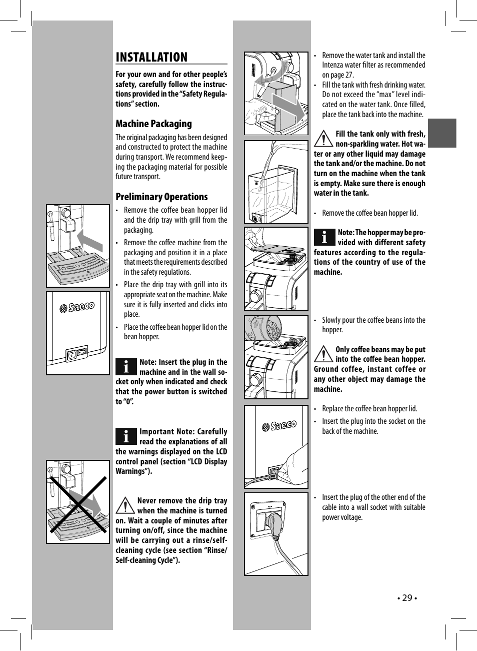 Installation, Machine packaging, Preliminary operations | Philips 10003066 User Manual | Page 29 / 96