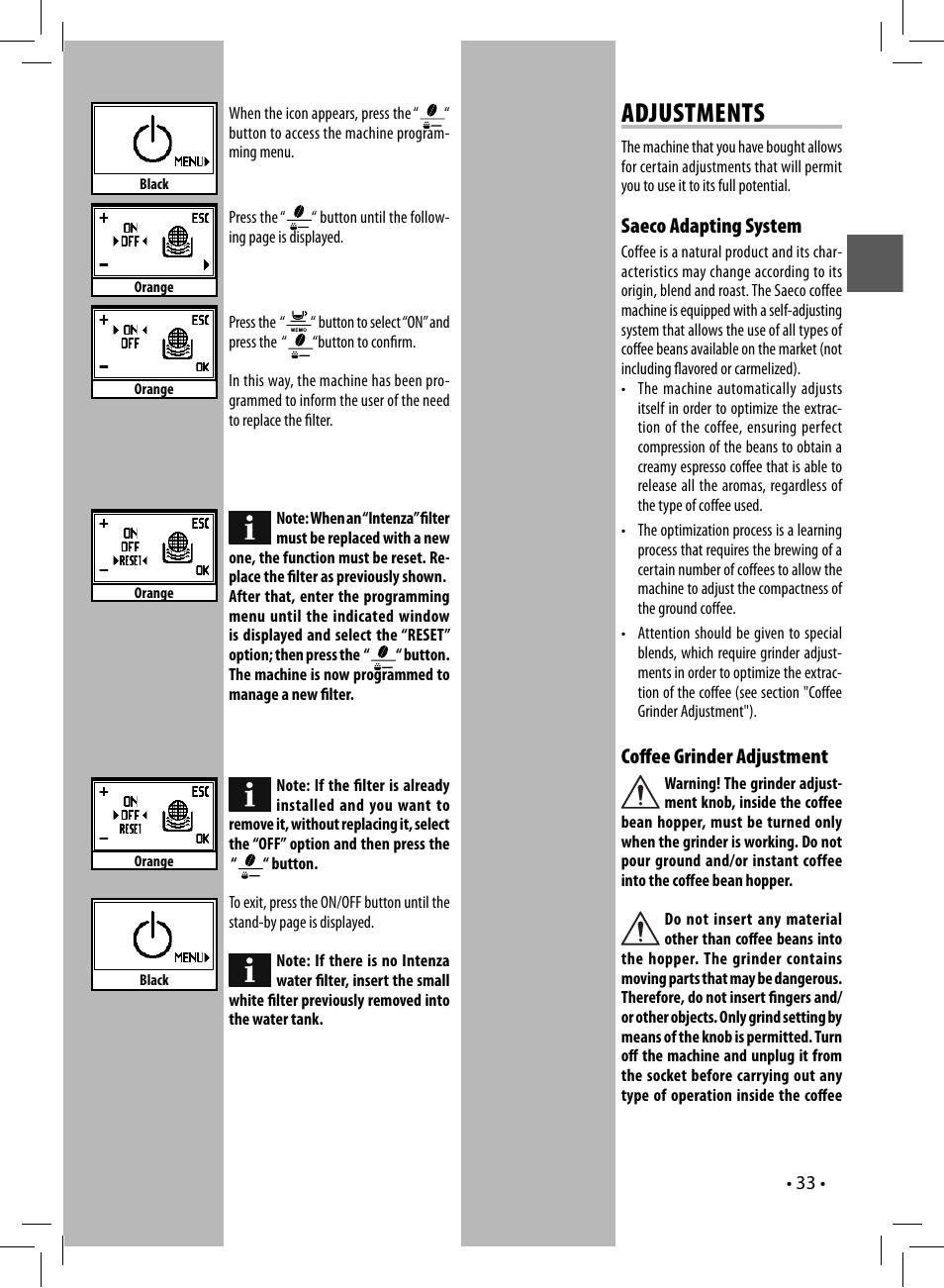 Adjustments, Saeco adapting system, Coﬀ ee grinder adjustment | Philips 10003066 User Manual | Page 33 / 96