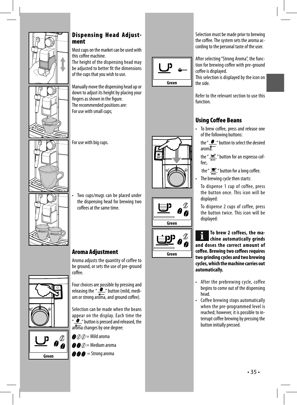 Dispensing head adjust- ment, Aroma adjustment, Using coﬀ ee beans | Philips 10003066 User Manual | Page 35 / 96