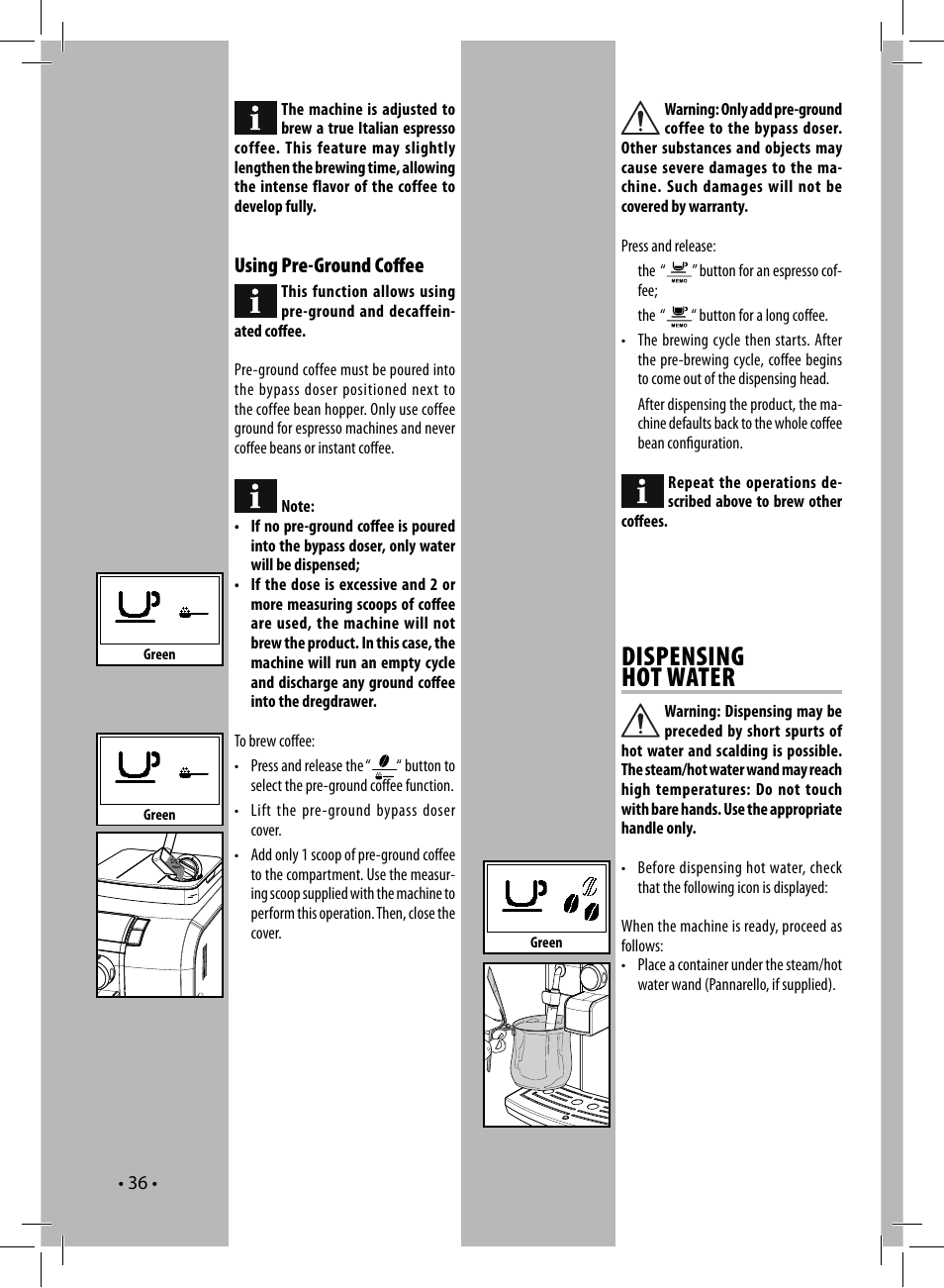 Dispensing hot water, Using pre-ground coﬀ ee | Philips 10003066 User Manual | Page 36 / 96