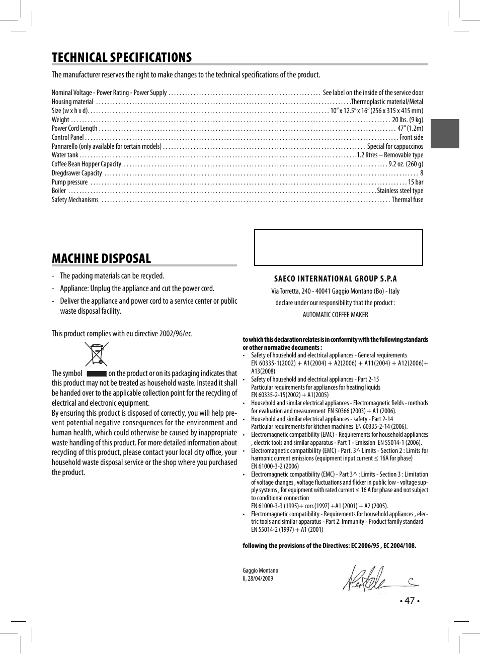Technical specifications, Machine disposal, Sup 037dr | Philips 10003066 User Manual | Page 47 / 96