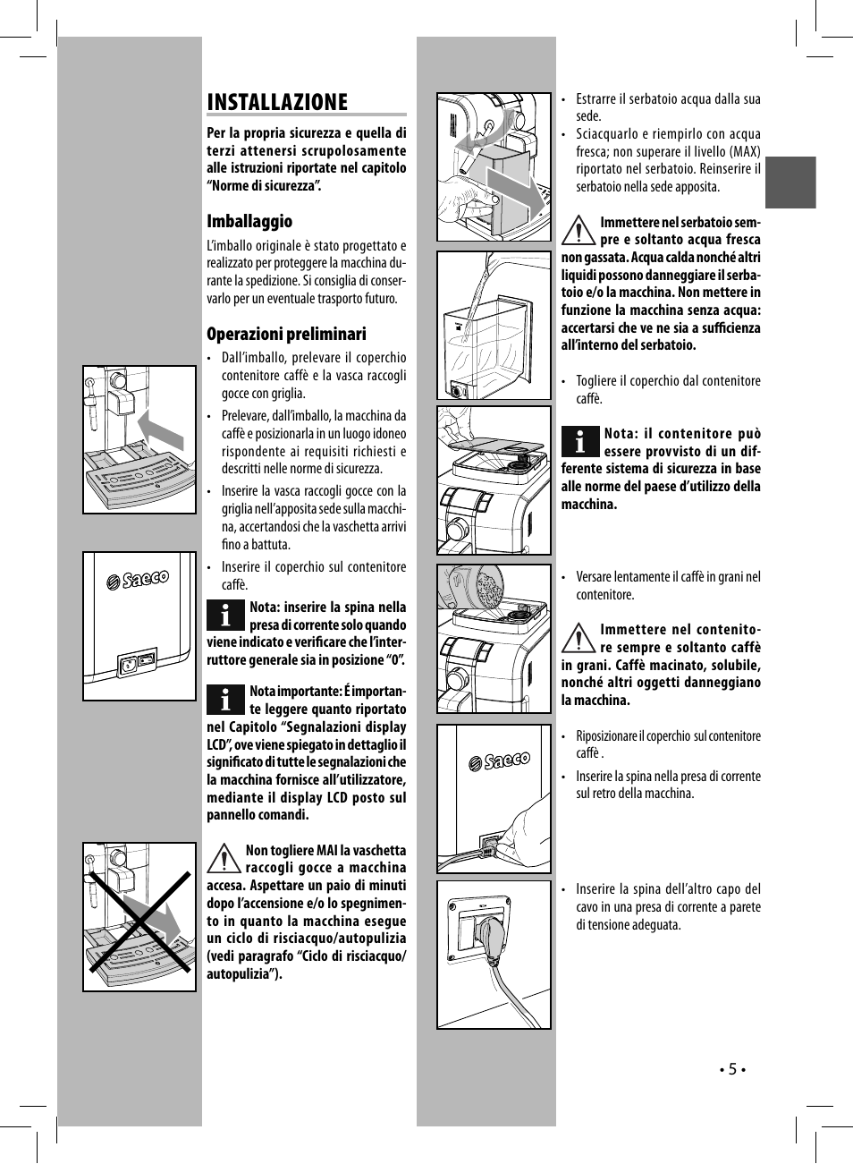 Installazione, Imballaggio, Operazioni preliminari | Philips 10003066 User Manual | Page 5 / 96
