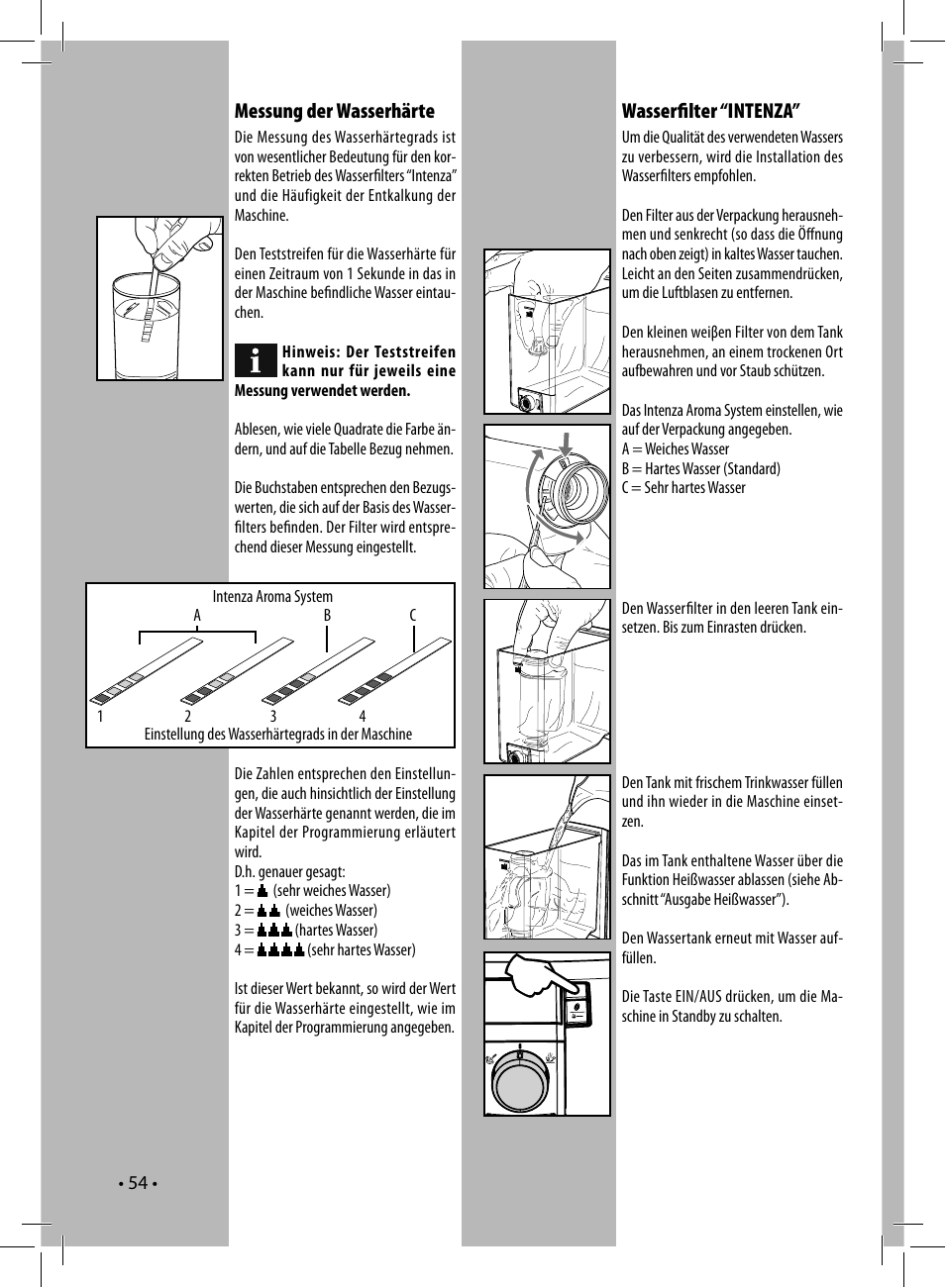 Wasserﬁ lter “intenza, Messung der wasserhärte | Philips 10003066 User Manual | Page 54 / 96