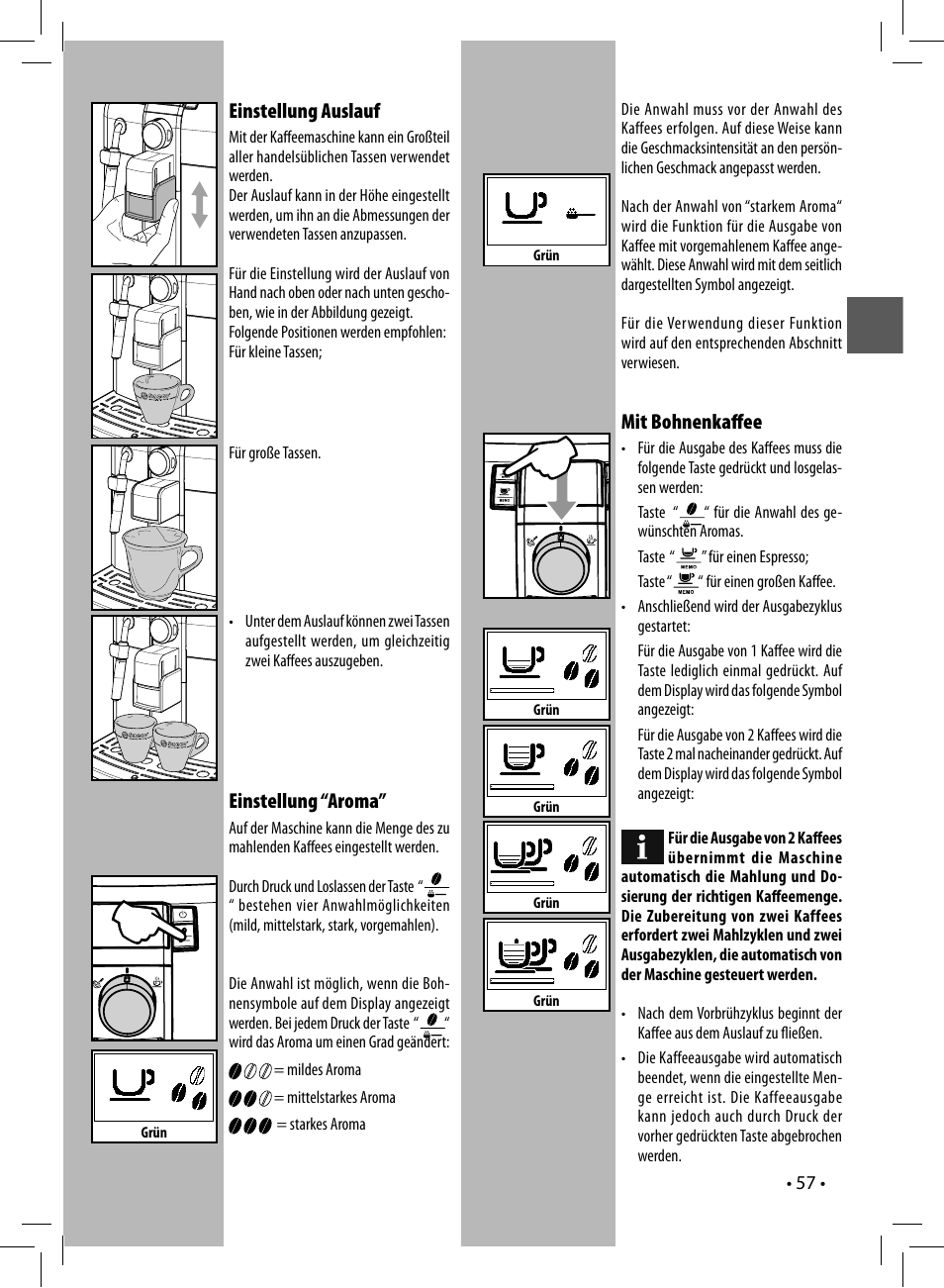 Einstellung auslauf, Einstellung “aroma, Mit bohnenkaﬀ ee | Philips 10003066 User Manual | Page 57 / 96