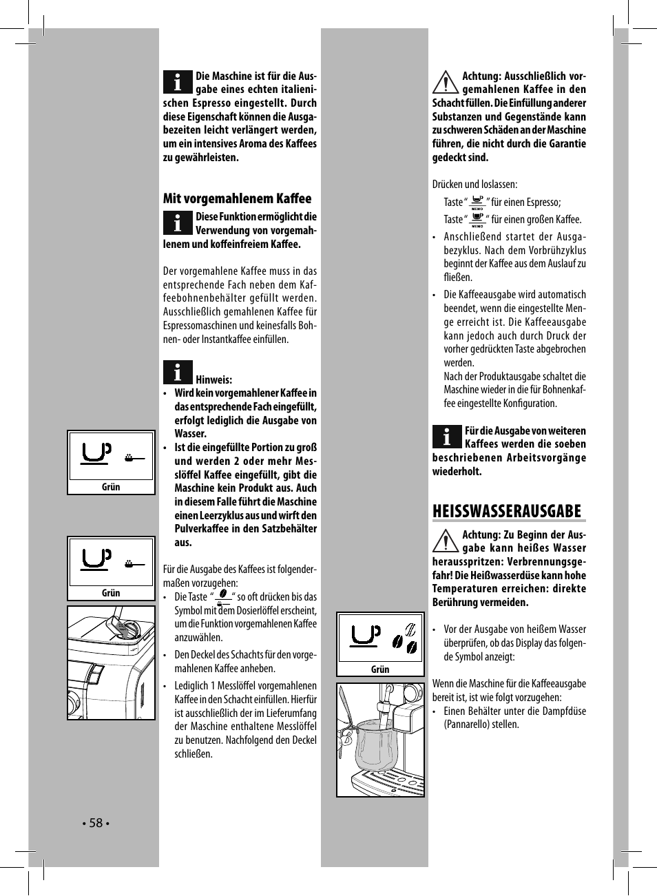 Heisswasserausgabe, Mit vorgemahlenem kaﬀ ee | Philips 10003066 User Manual | Page 58 / 96