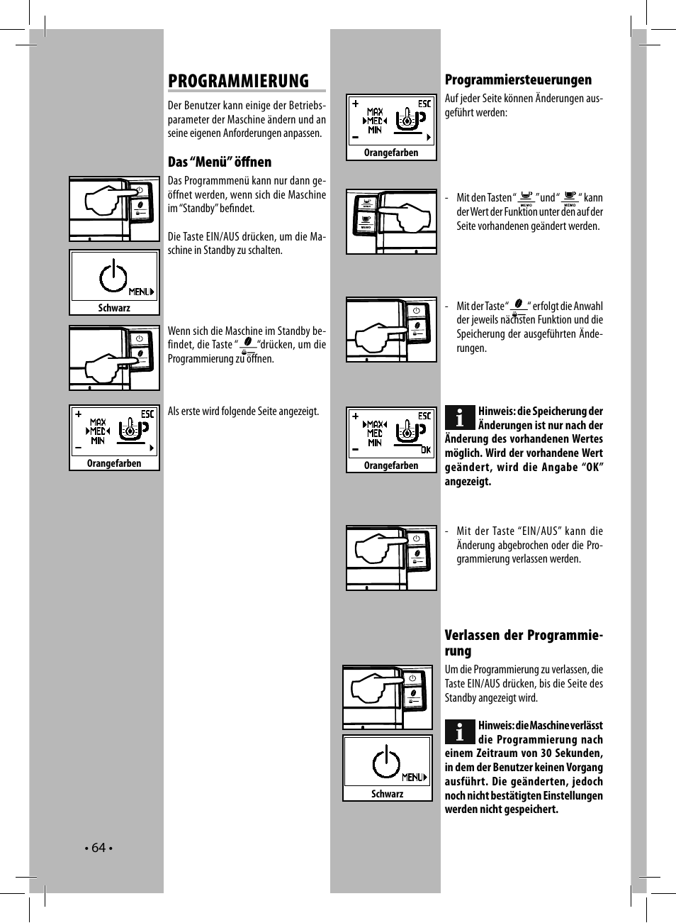 Programmierung, Das “menü” öﬀ nen, Verlassen der programmie- rung | Programmiersteuerungen | Philips 10003066 User Manual | Page 64 / 96