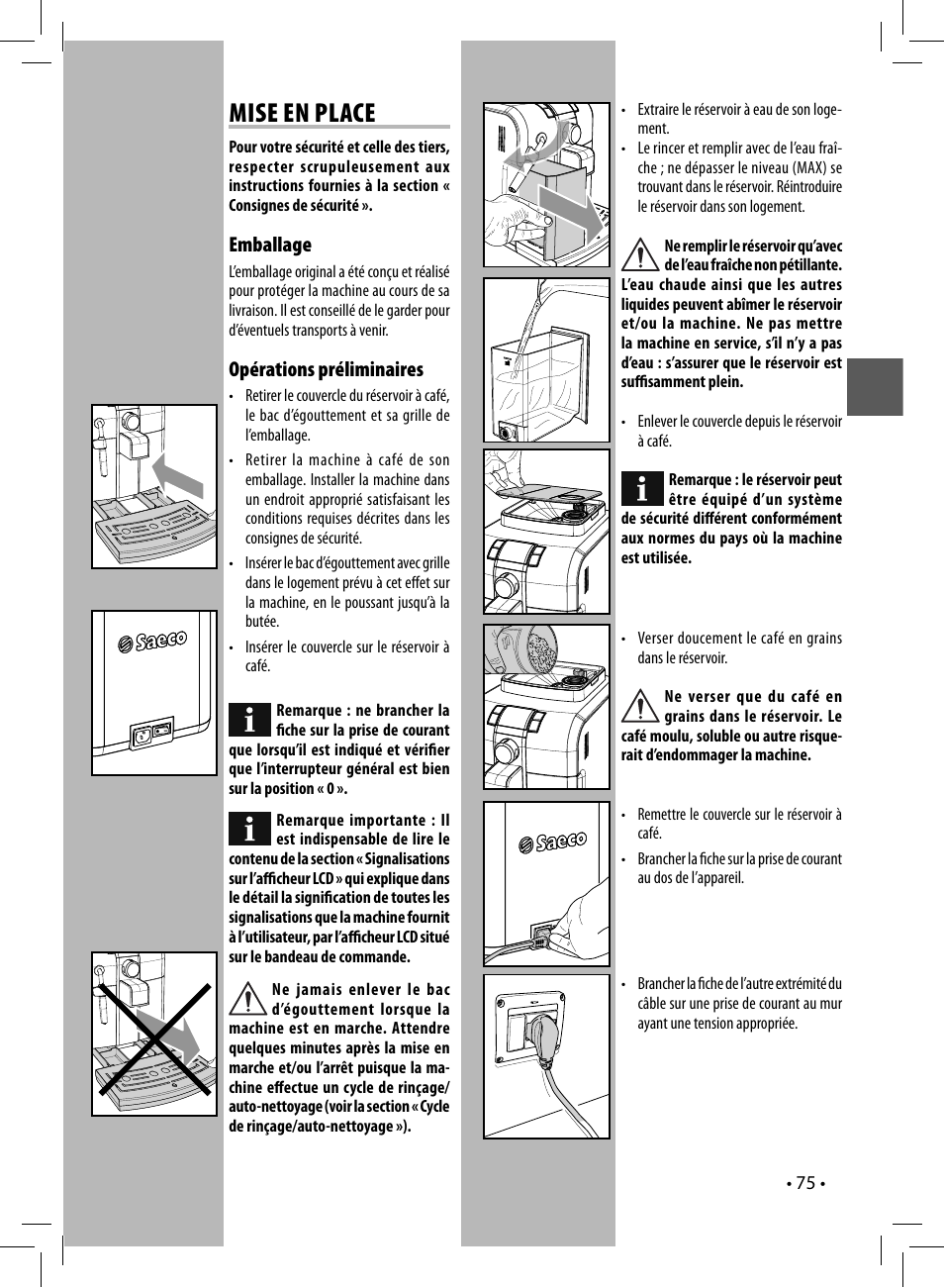 Mise en place, Emballage, Opérations préliminaires | Philips 10003066 User Manual | Page 75 / 96