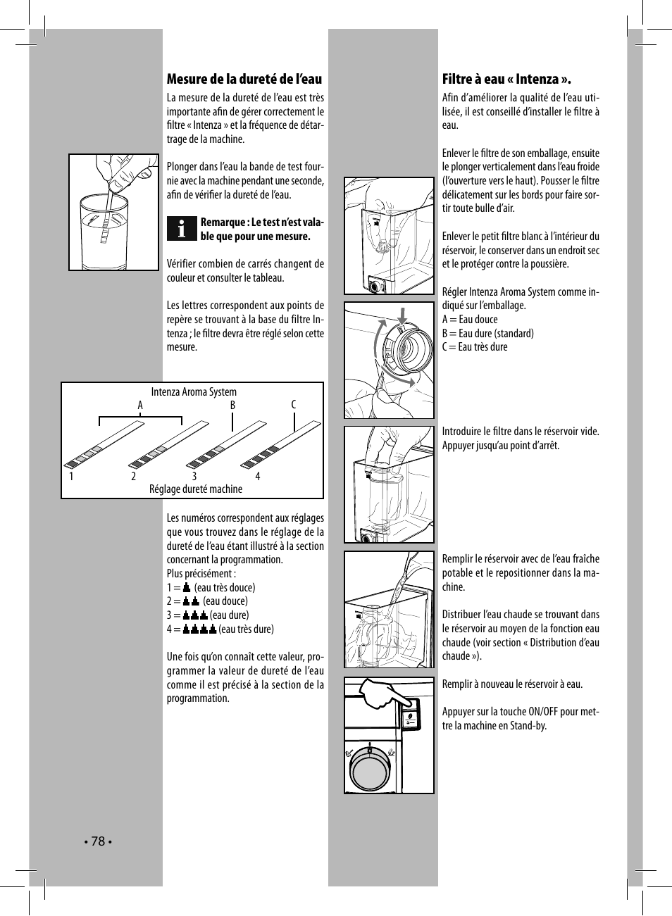 Mesure de la dureté de l’eau, Filtre à eau « intenza | Philips 10003066 User Manual | Page 78 / 96