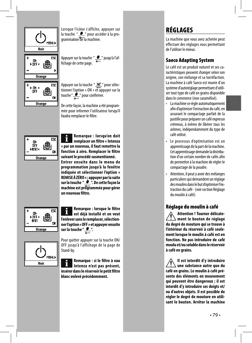 Réglages, Saeco adapting system, Réglage du moulin à café | Philips 10003066 User Manual | Page 79 / 96