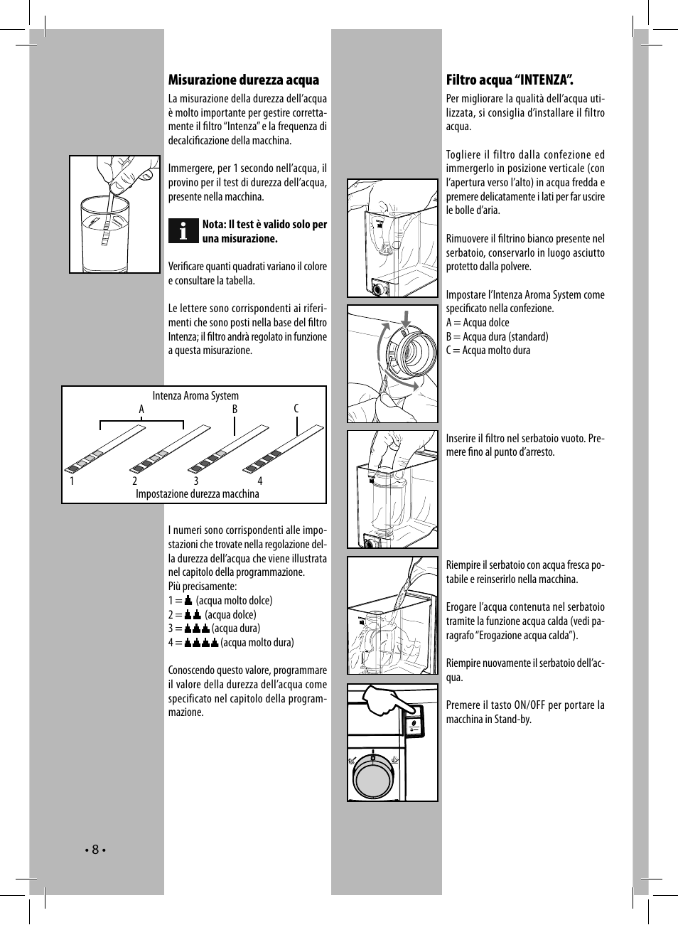 Filtro acqua “intenza, Misurazione durezza acqua | Philips 10003066 User Manual | Page 8 / 96