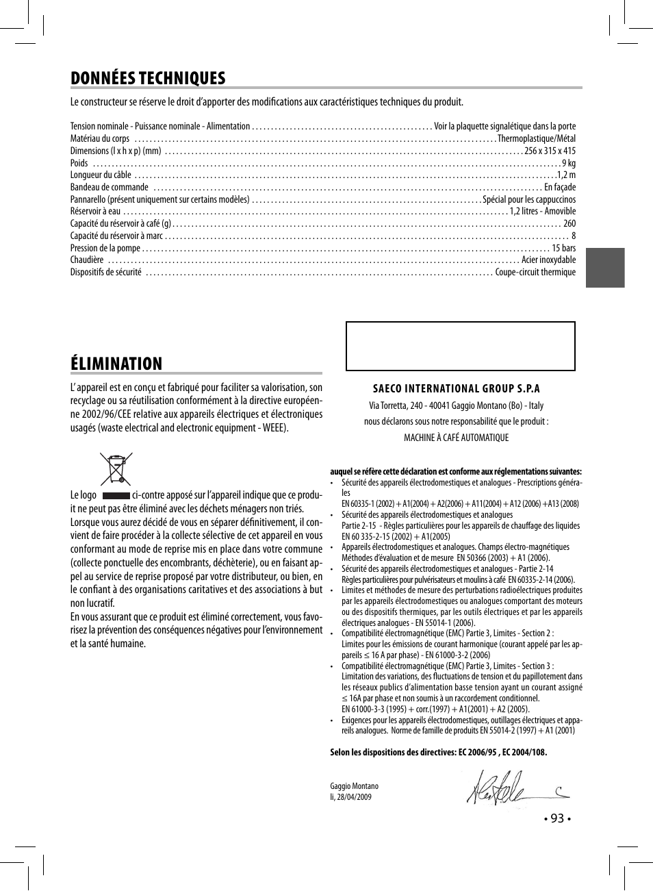 Données techniques, Élimination, Sup 037dr | Philips 10003066 User Manual | Page 93 / 96